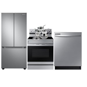 Samsung 30" 22.1 Cu. Ft. French Door Refrigerator; Electric Range; Dishwasher; Cookware Set - Stainless offers at $2999.99 in Best Buy