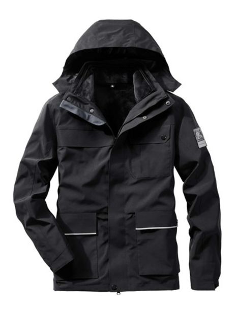 Men Patched Detail Flap Pocket Thermal Lined Zipper Hooded Jacket discount at $43