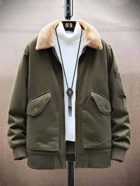 Men 1pc Borg Collar Zip Up Winter Coat discount at $46