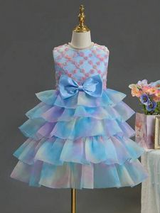 Tween Girl Ombre Bow Front Appliques Layered Hem Party Dress offers at $17 in SheIn