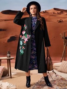 SHEIN Plus Flower Embroidered Lapel Neck Belted Overcoat offers at $25 in SheIn
