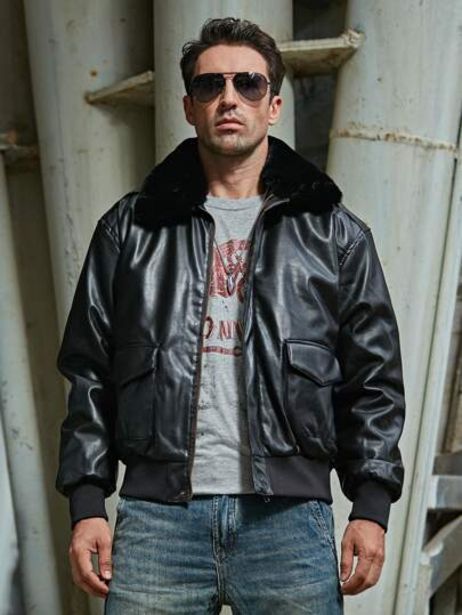 Men Borg Collar Zip Up PU Leather Jacket discount at $49