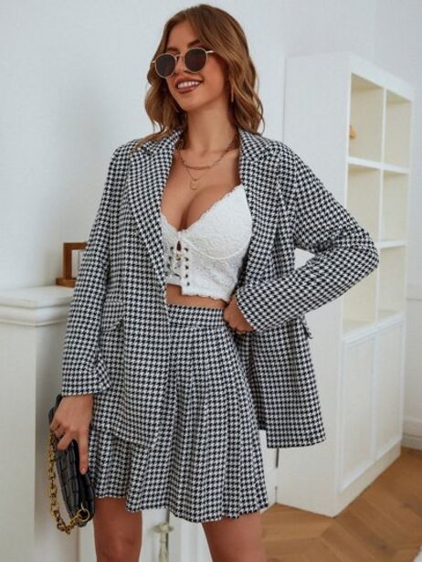 Houndstooth Print Belted Tweed Blazer & Pleated Skirt discount at $22
