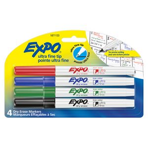 Expo Low Odour Dry Erase Markers - Ultra Fine Tip - Assorted Colours - 4 Pack (1904495) offers at $3.99 in Staples