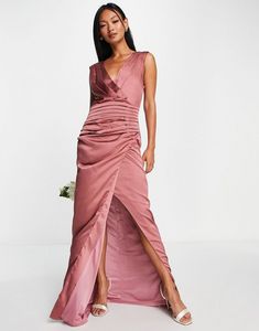 Liquorish Bridesmaid satin wrap front maxi dress in forever rose offers at $23.5 in Asos