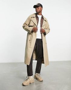ASOS DESIGN oversized trench in stone with check panels offers at $55.5 in Asos