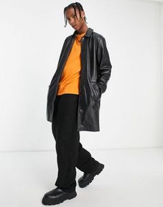 ASOS DESIGN real leather trench coat in black offers at $118 in Asos