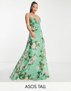 ASOS DESIGN Tall cami wrap maxi dress with lace up back in sage floral offers at $37 in Asos