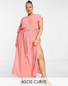 ASOS DESIGN Curve off shoulder tie waist maxi beach dress in rusty coral offers at $32.5 in Asos