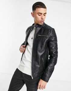 Barneys Originals leather racer jacket in black offers at $176 in Asos