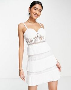 ASOS DESIGN lace corset mini dress with tiered pleated skirt in white offers at $67 in Asos