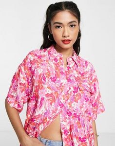 ASOS DESIGN short sleeve shirt with double pockets in pink floral print offers at $25.5 in Asos