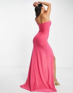 Femme Luxe asymmetric one strap maxi dress with train and thigh spilt in pink offers at $25.5 in Asos