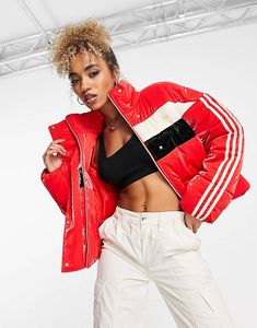 Adidas Originals 'Ski Chic' puffer jacket in red offers at $96 in Asos